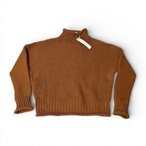 She + Sky Sweater Sz Large Women Brown Chunky Knit Roll Neck Cotton Cropped NWT
